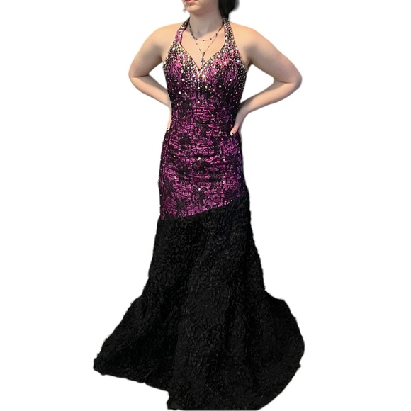 Johnathan Kayne Purple Black Lace Halter Goth Prom Wedding Dress Gown 2 edgy - Picture 7 of 15